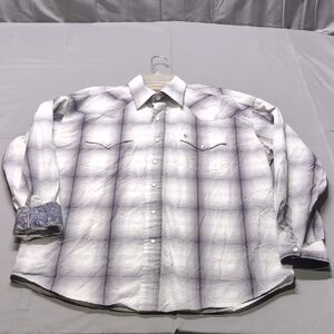 Stetson Mens Flip Cuff White and‎ Gray Plaid Casual Pearlsnap Shirt Size L
